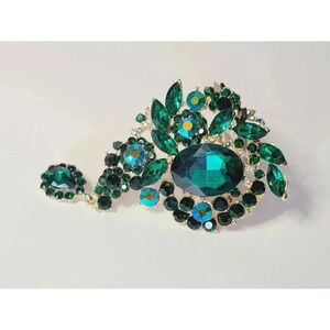 Natasha Emerald Green Jewel Tone Rhinestone Statement Brooch Pin Costume Jewelry